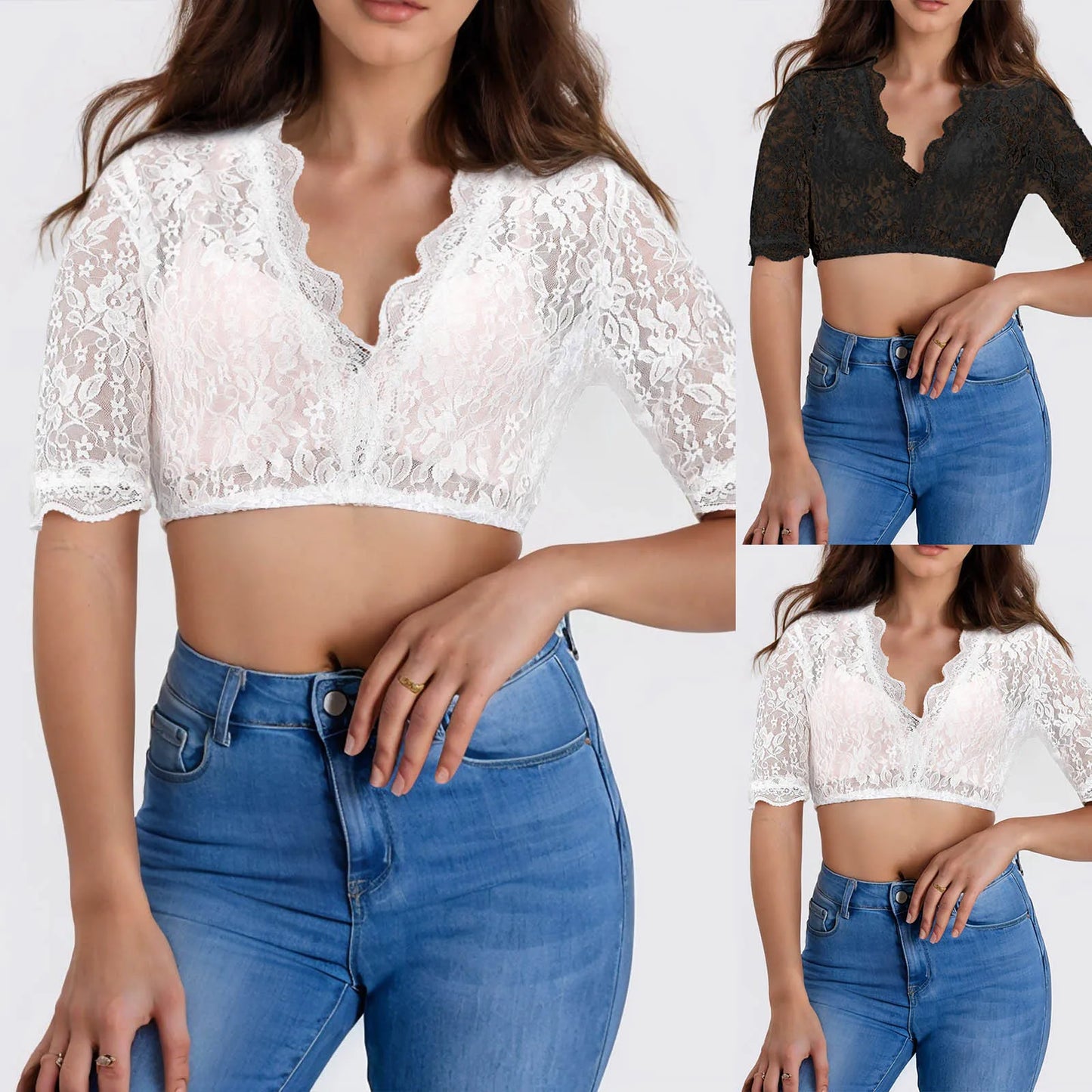 Women's Bavarian Oktoberfest Costumes Elegant Lace Crop Top Traditional Dirndl Blouse V Neck Short Sleeve Tops And Blouses