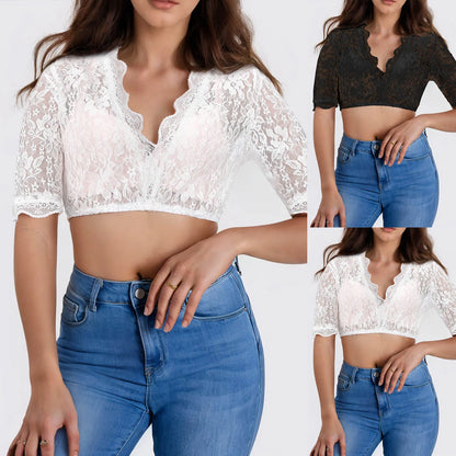Women's Bavarian Oktoberfest Costumes Elegant Lace Crop Top Traditional Dirndl Blouse V Neck Short Sleeve Tops And Blouses