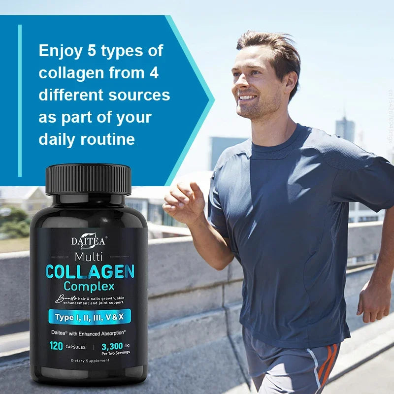 Collagen Complex (Types I, II, III, V, X) - with Digestive Enzyme Blend, Non-GMO - 120 Capsules, for Men and Women