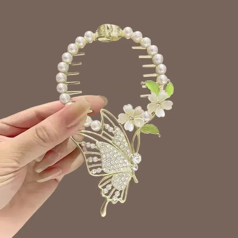 Ladies Butterfly Rhinestone Pearl Metal Hair Claw Round Bun Ponytail Holder