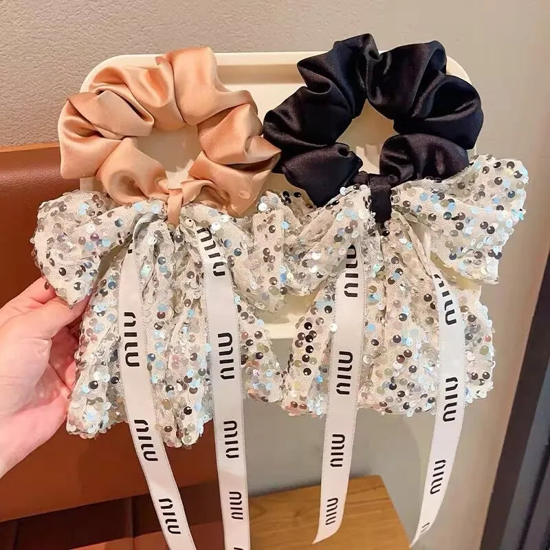 Korean New Fashion Sequins Elastic Hair Bands Elegant Ribbon Hair Ties  New Headwear Girls Women