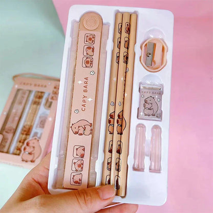 1Set 8 In 1 Student Stationery Capybara Pencil Ruler Eraser Sharpener Set Office Accessories School Writing Supplies Kids Gifts