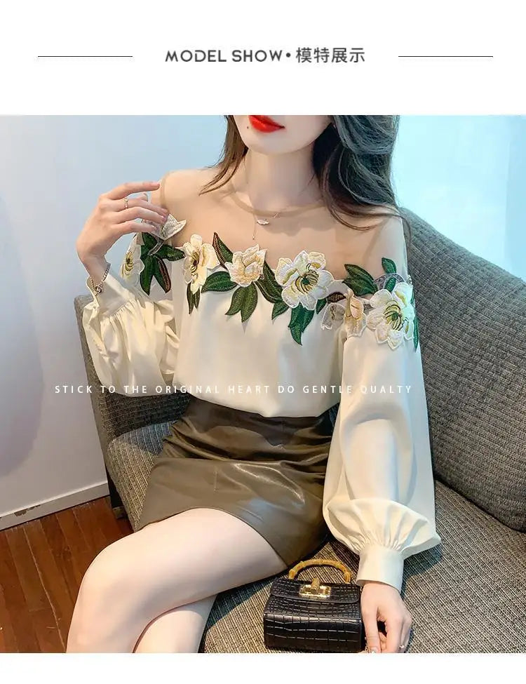 Fashion Women's Blouse Shirt Patchwork Long Sleeve Mesh Perspective Embroidered Flowers Chiffon Shirt Sexy Apricot Floral Shirt