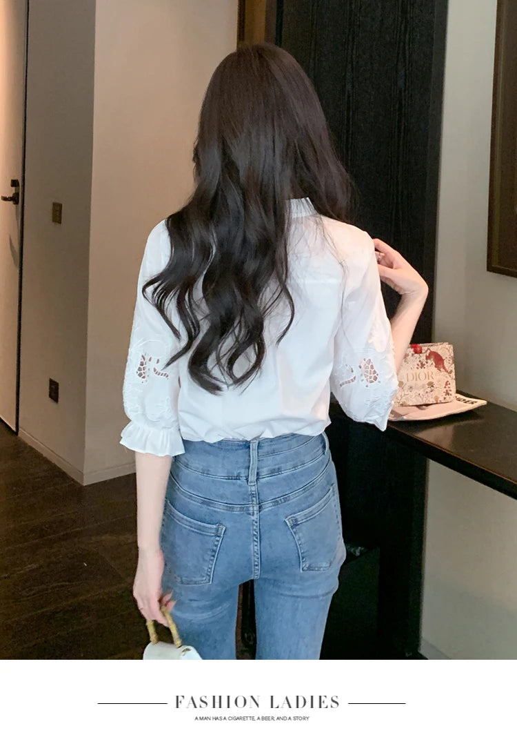 Ele Embroidered ort Sve irt Women's Summer New Design Korean Sle Commute Lantern Sve White irt for Ladies