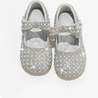 Autumn New Girls Single Princess Shoes Pearl Shallow Children's 2025 Comfortable Flat Shoes Kid Baby Rhinestone Bowknot Shoes