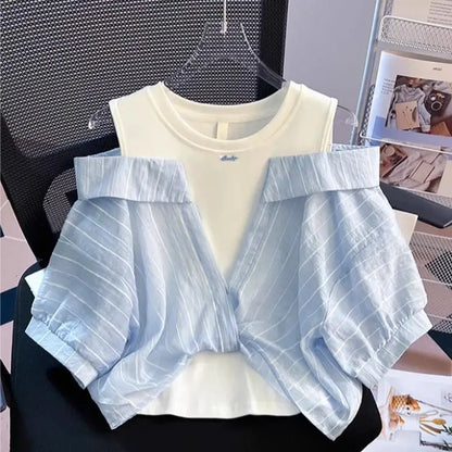 Girls' Western style loose fitting shirt new children's off shoulder top T-shirt fake two-piece top