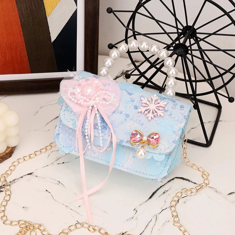 Cute Sequin Bow Kids Mini Square Shoulder Bags Versatile Children Chain Crossbody Bag Lace Girls Pearl Handbags Clutch Purse (Available)