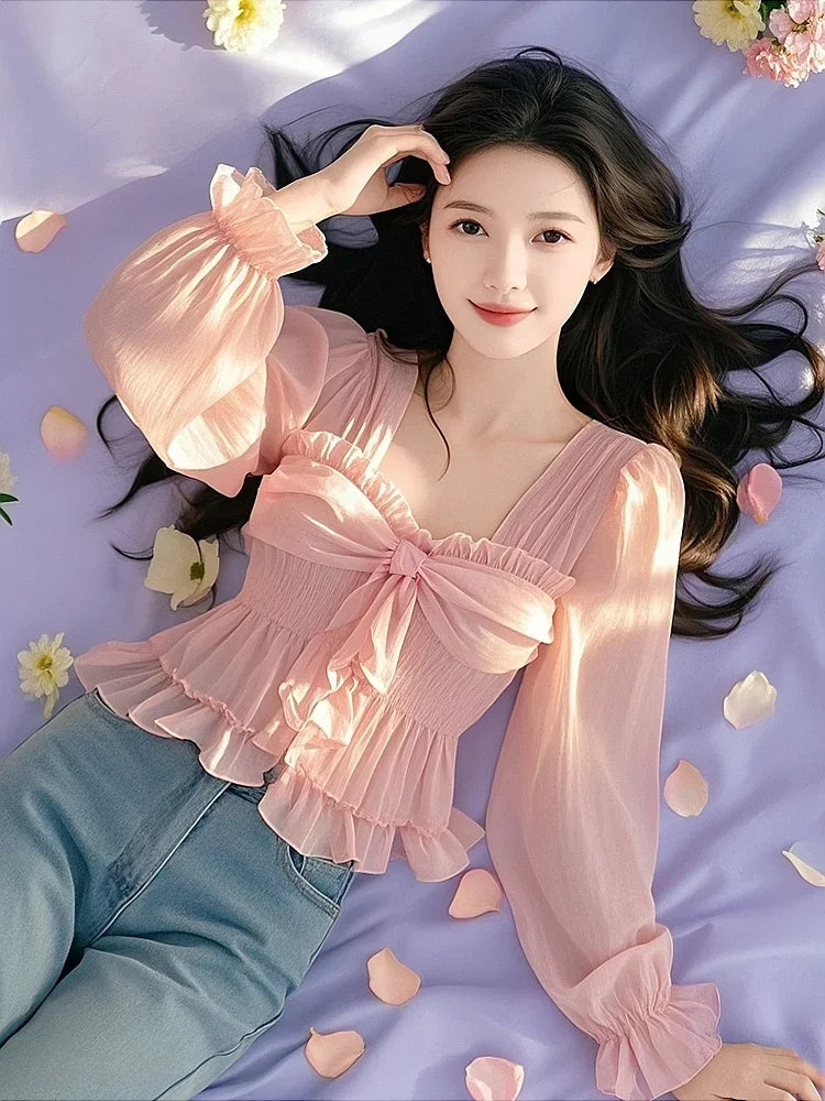 2025 Spring New Shirts Solid Color Ruffles Crop Tops Square Collar Flare Sleeve Pleated Blouses Female Slim Sweet Women Clothing