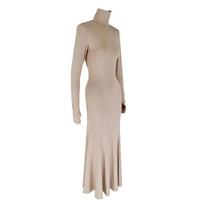 Women's Dresses Autumn Winter New Sexy Solid Backless Elegant Dress Streetwear Fashion Casual Slim Turtleneck Long Sleeves Dress