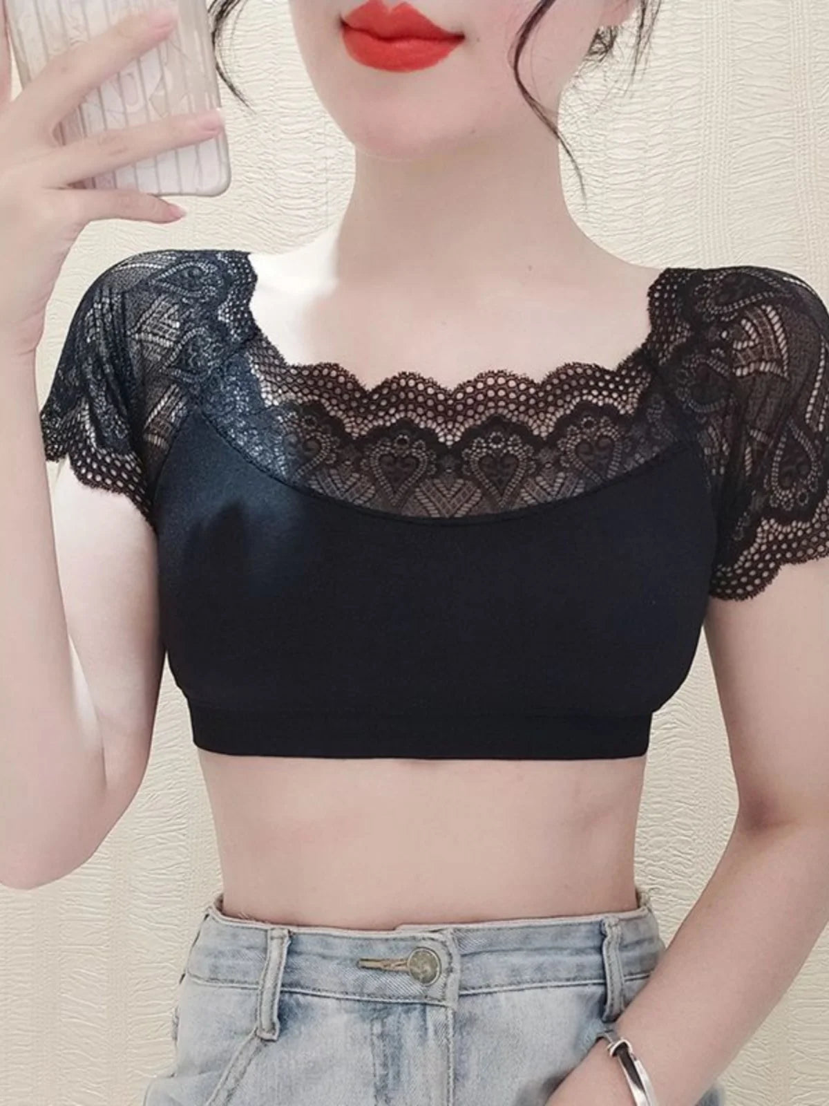 Lace Splice ort Sve Base irt Women's Summer Top Beautiful Ba Design Daily Wear Versatile Universal Fit Boting Tee