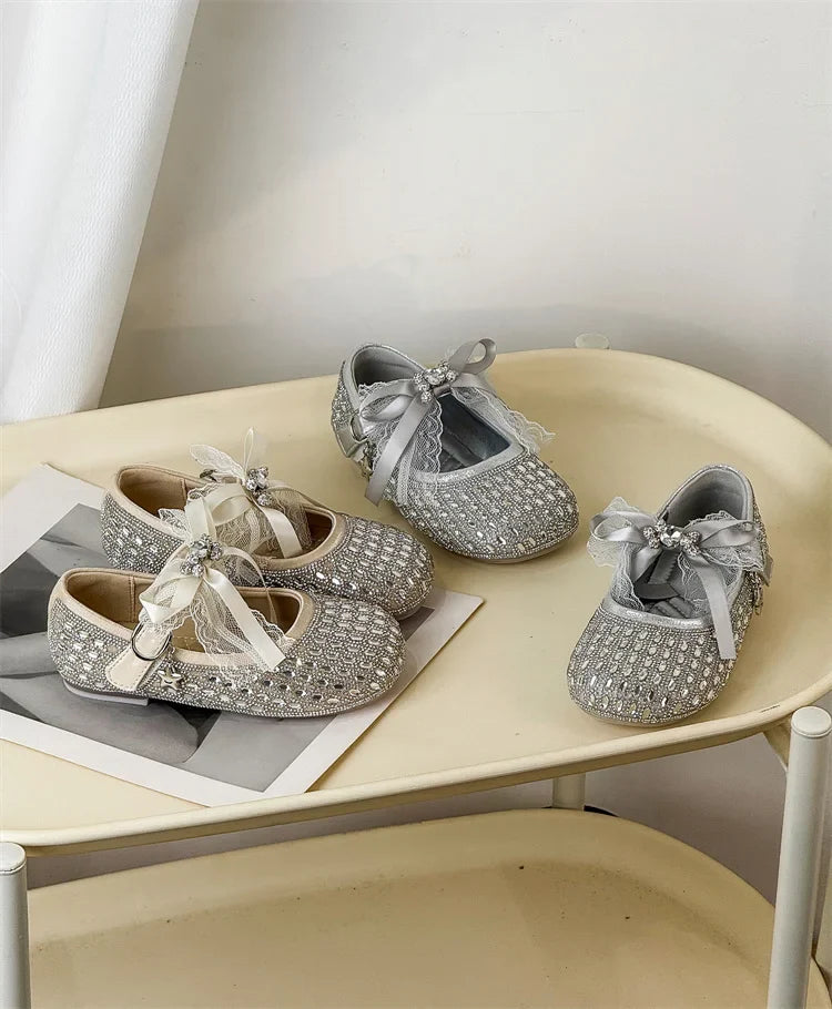 Children Shoes For Girls Leather Bow Rhinestone Princess Shoes Soft Sole Outdoor Fashion Kids Sneakers EU 26-33