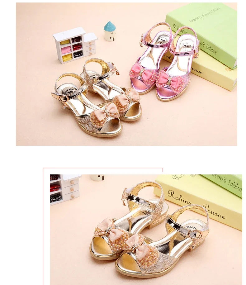 Girls Princess Shoes Summer Children High Heels Open-toe Party Wedding Toddlers Sandals Non-slip Kids Causal Sequins Beach Shoes