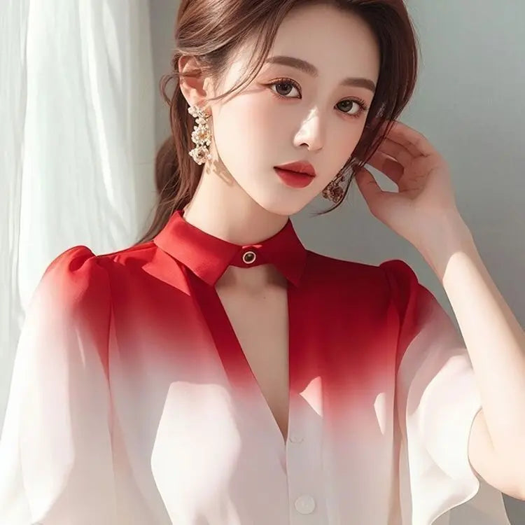 Gradient Shirt for Women with Mature French Lotus Leaf Sleeve Fairy Chiffon Top