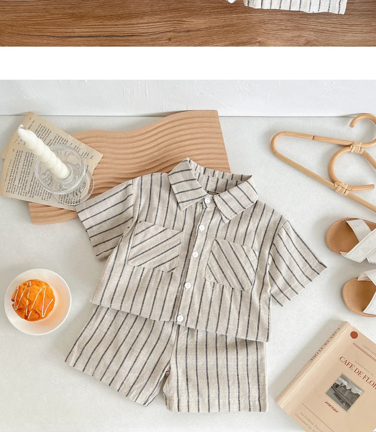 Set Children Unisex Summer New Style Cotton Stripe Pocket Shirt Polo Collar Shourts Fashion Casual Brief Versatile Korean