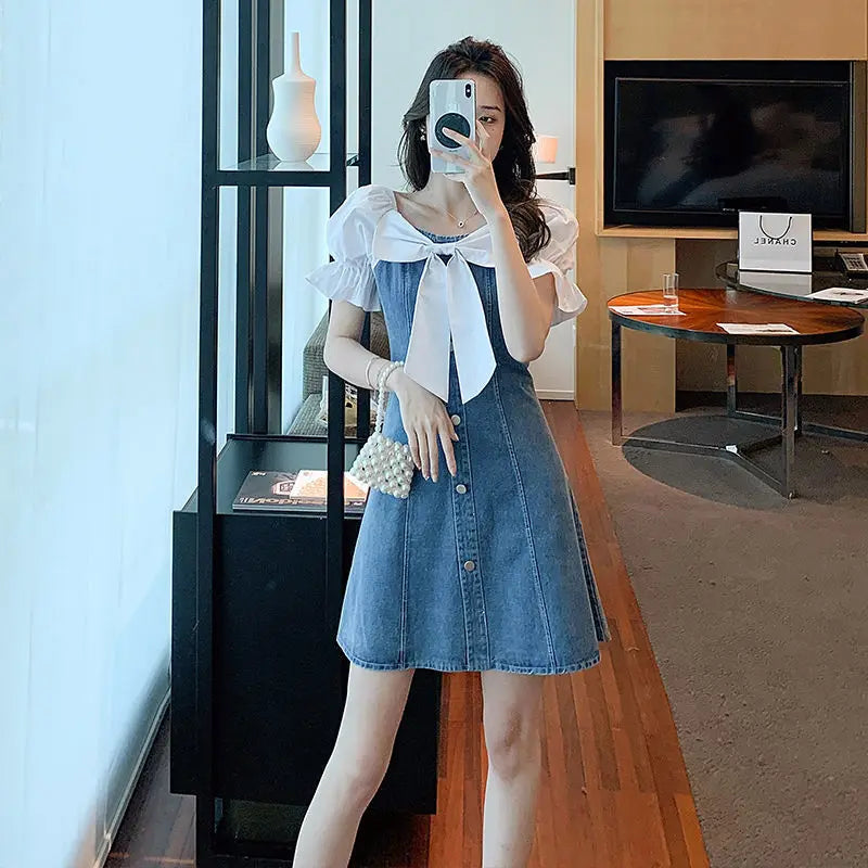 Jielur Korean Dress for Women Fashion Square Collar Puff Sleeve Sweet Bow Robe Femme Patchwork Tunic Denim Dress