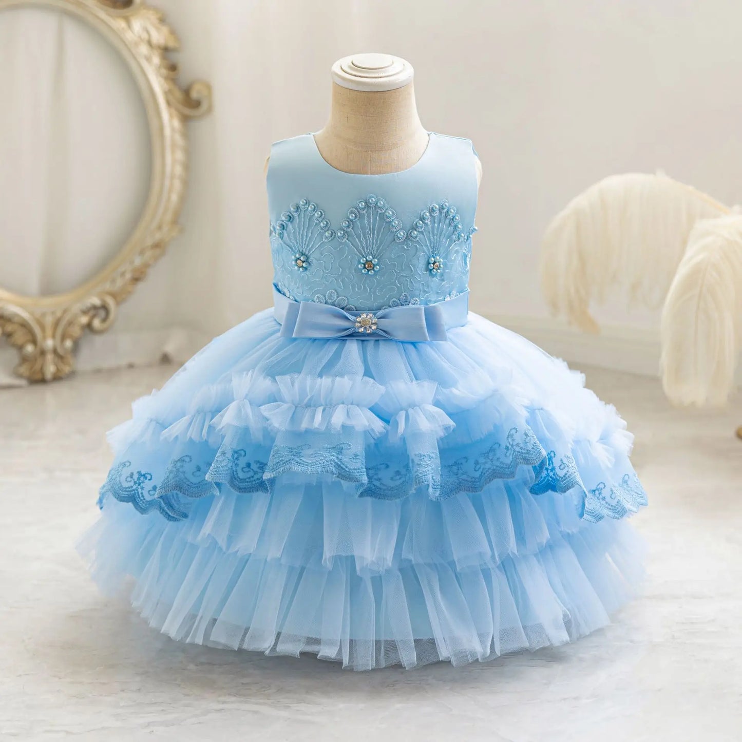 Party Dresses For Girl Formal Prom Wedding Dress Beaded Embroidery Mesh Princess Dress For Infant Baby 1st Birthday Baptism Gown
