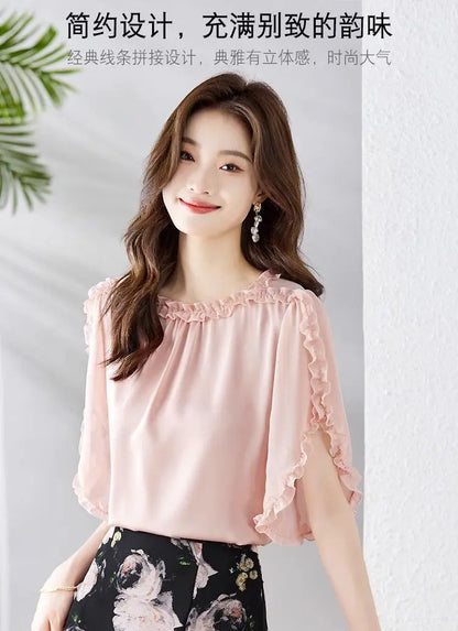The Season Women's Fashionable Loose Short Sleeve Chiffon Shirt Slimming Cover Belly Versatile Top TT1479