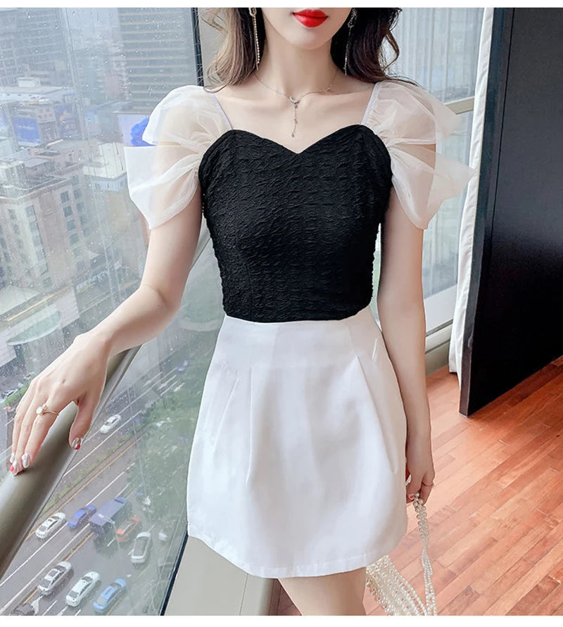 Summer Mesh Spliced Women Puff Sleeve Square Neck T Shirts Lady French Fashion Elegant Sweet Slim Fit Clothing Tops Black White