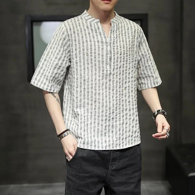 Men's Light Blue Denim Shirt Oversized Short Sleeve Button-Down Casual Top(Available)