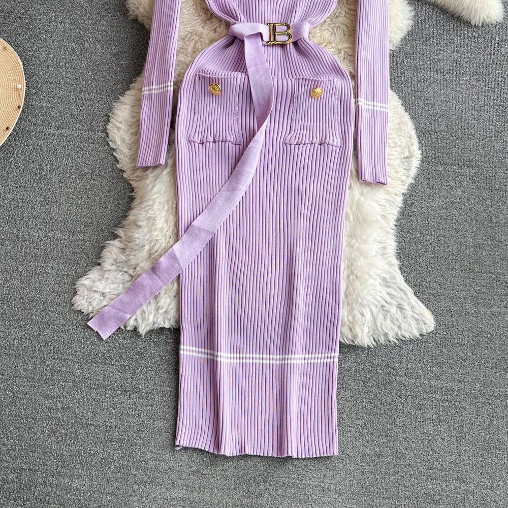 Women Dress 2025 Autumn Winter Elegant Rib Knit Long Pencil Dress with Belt Office Lady Bodycon Sweater Dress Vestidos