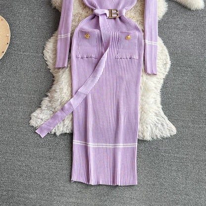 Women Dress 2025 Autumn Winter Elegant Rib Knit Long Pencil Dress with Belt Office Lady Bodycon Sweater Dress Vestidos