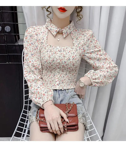 2025 Floral Chiffon Shirt New Spring Summer Women Collect Waist Hollow Out Tops Vintage Blouse Women Longsleeve Short Shirt 3XL