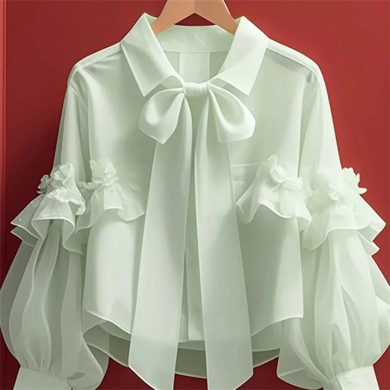 Spring Autumn New Women French Sweet Blue Bow Short Shirt Elegant Versatile Loose Cardigan Ladies Long-sleeved Blouse Tops