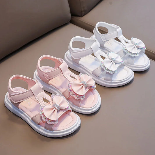 Adorable Elegant Girls Summer Casual Sandals Soft Soled Princess Style Kids Shoes Comfort Breath Anti Slip Magic Strap Closure