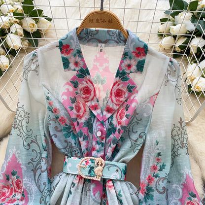 France Elegant Vintage Palace Evening Dress Women Sashes Button Print Short Party Dress Female Casual Chic Festival Clothing New