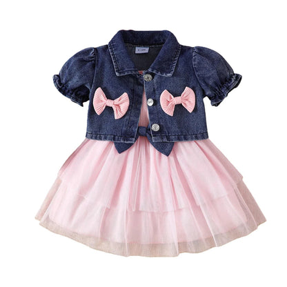 Summer 0-6Y Kids Clothes Girls Denim Collar Short Jacket 2pcs Set Sling Dress Bowknot Tulle Puff Skirt Girl Outfit