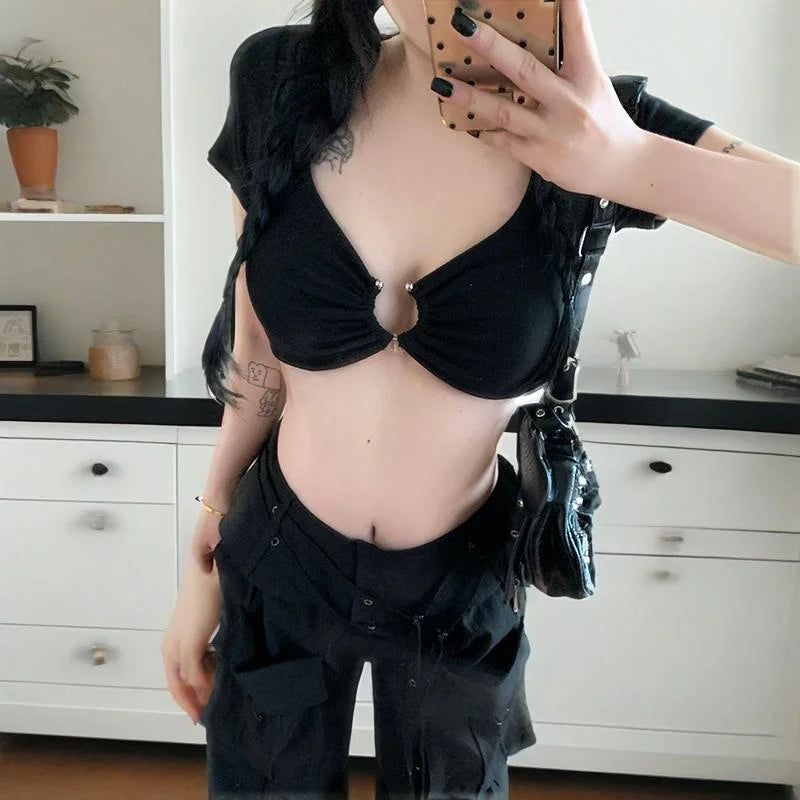 Xingqing y2k Crop Tops Women Summer Clothes Sexy Solid Color Metal Ring Short Sleeve Padded T Shirts 2000s Clothing Streetwear