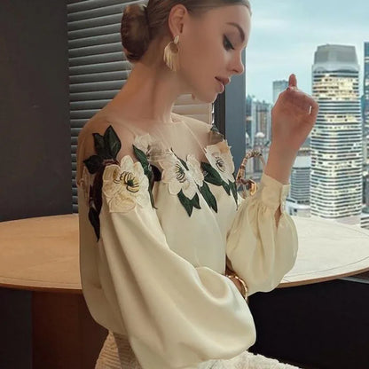 Embroidered Heavy Work Satin Patchwork irt Women's Sle Spring New Arrival Long Sve round Ne Fly Sve Lace Top