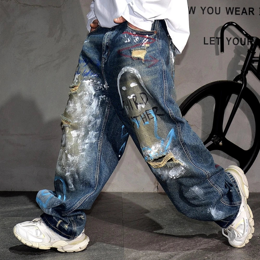 High End Men'S Clothing Hip Hop Graffiti Baggy Jeans For Men Streetwear Skateboard Ripped Jeans Korean Trendy Denim Trousers  ( Available )