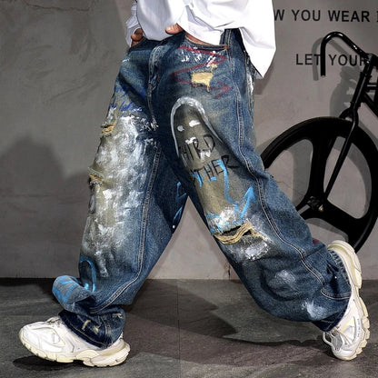 High End Men'S Clothing Hip Hop Graffiti Baggy Jeans For Men Streetwear Skateboard Ripped Jeans Korean Trendy Denim Trousers  ( Available )