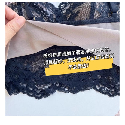 French Lace Lingerie Gathered No Steel Ring Bra Deep V Neck Sexy Wire Free Bras Underwear Tank Tops Padded Camisole Vest