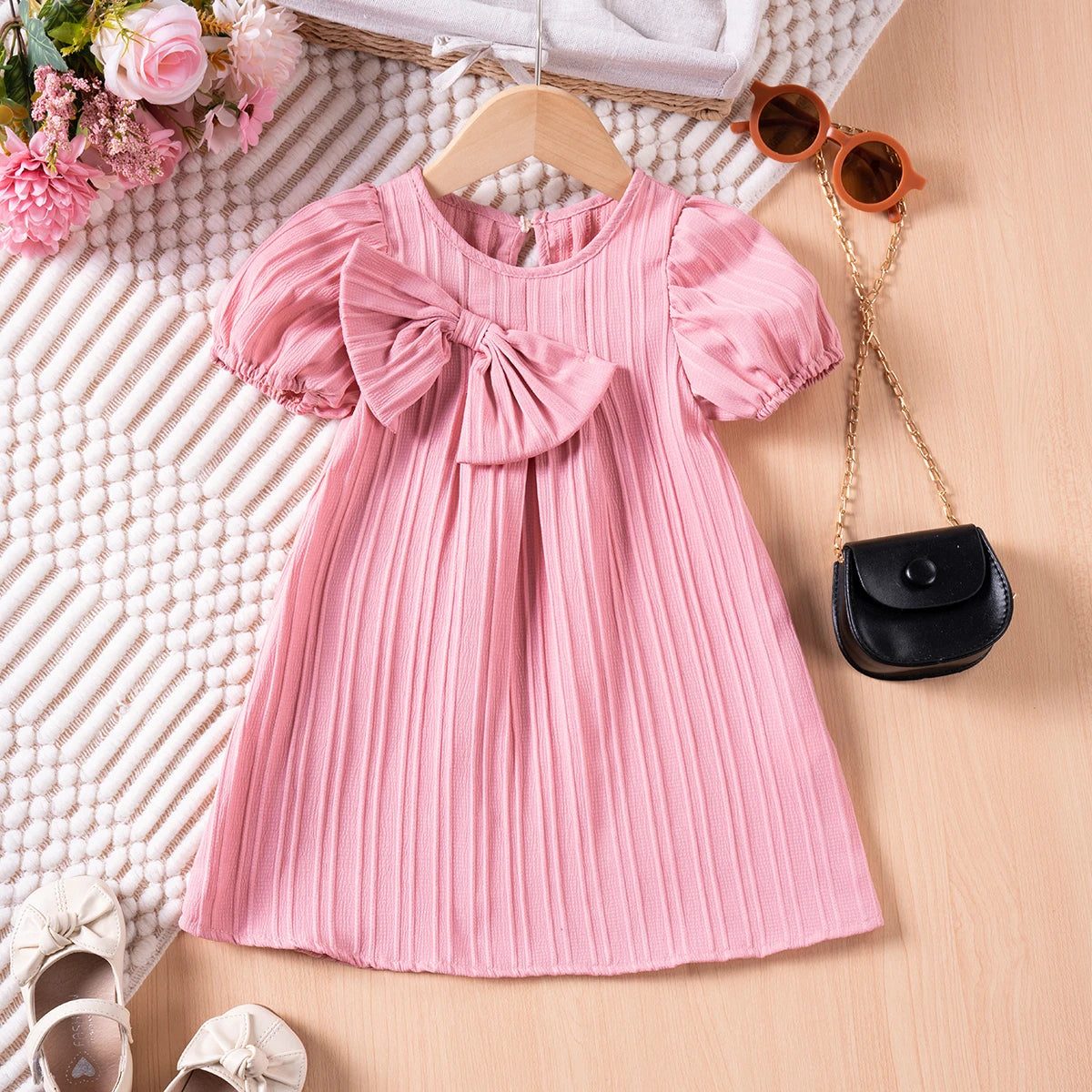 Baby Girl Summer Dresses Solid Colour Casual Fashion Bow Design Sweet and Cute Children's Clothing Hot Sale 2024 New