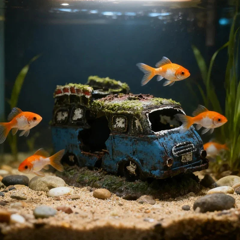 Aquarium Ornament Shaped Like Car Wreckage, Featuring Hiding Holes For Fish And Shrimp, Aquarium Decorations, And Aquascaping. (Available)