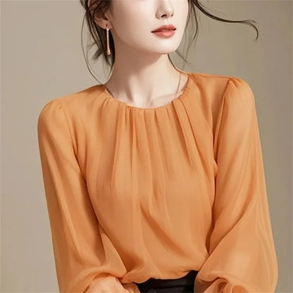 Autumn Winter Ladies Solid Color Blouse Jacket 2025 Female Long Sleeves Tops Coat Korean Women Fashion Round Neck Chiffon Shirt