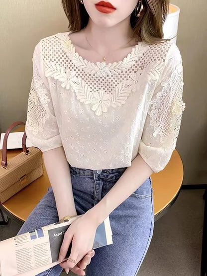 Blouses Women Hollow Out O-neck Half Sleeve Loose Tops Summer Casual Elegant Ladies French Style Daily Trendy