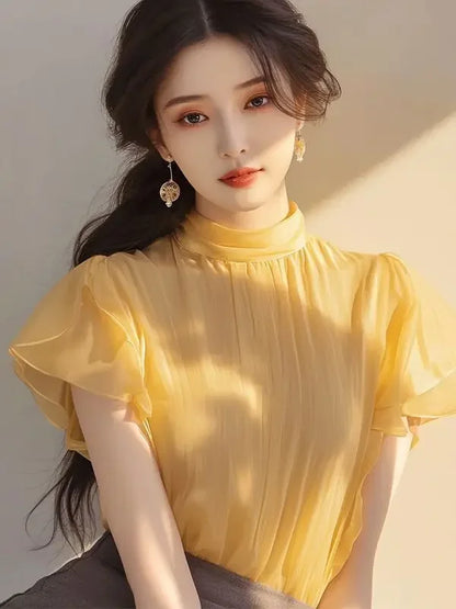 Short-sleeved Top for Women in Summer Fashionable Shirt French Style Unique and Beautiful Age-reducing Mint Green Chiffon Shirt