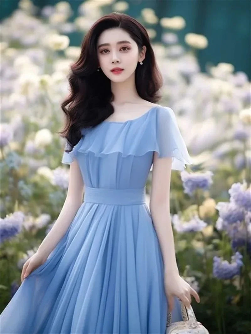 Seaside Vacation Gentle Wind Blue Long Dress Women Dress Summer Autumn Beautiful  Chiffon Dress Waist Cinching Fairy Dresse