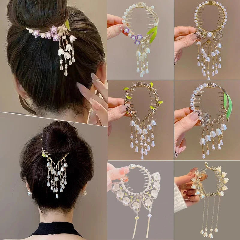 Ladies Butterfly Rhinestone Pearl Metal Hair Claw Round Bun Ponytail Holder (Available)