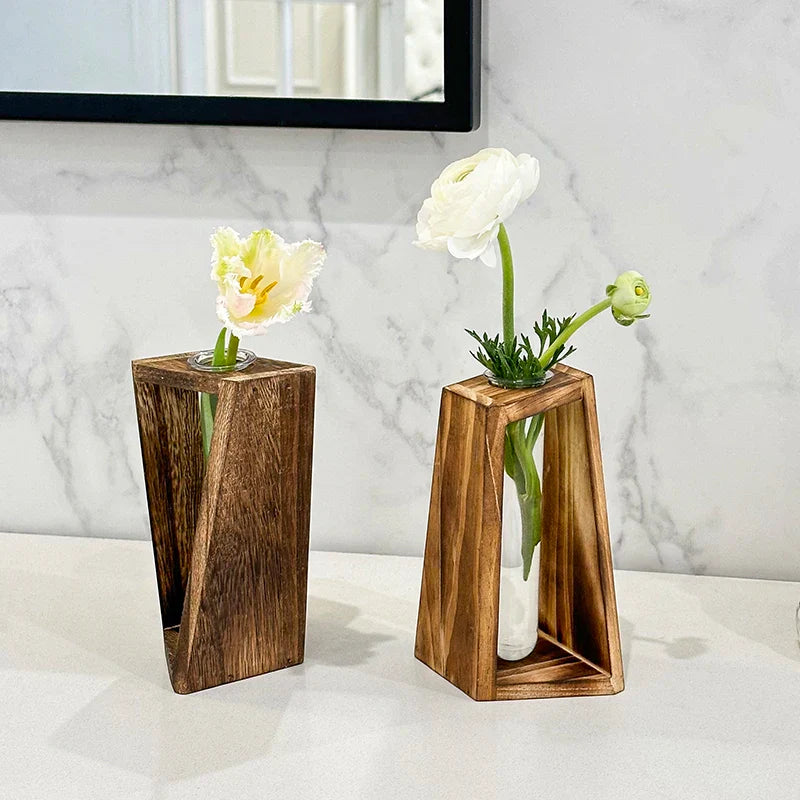 Creative Wooden Hydroponic Vase Plant Vase Retro Vase Transparent Vase Desktop Plant Home Decoration