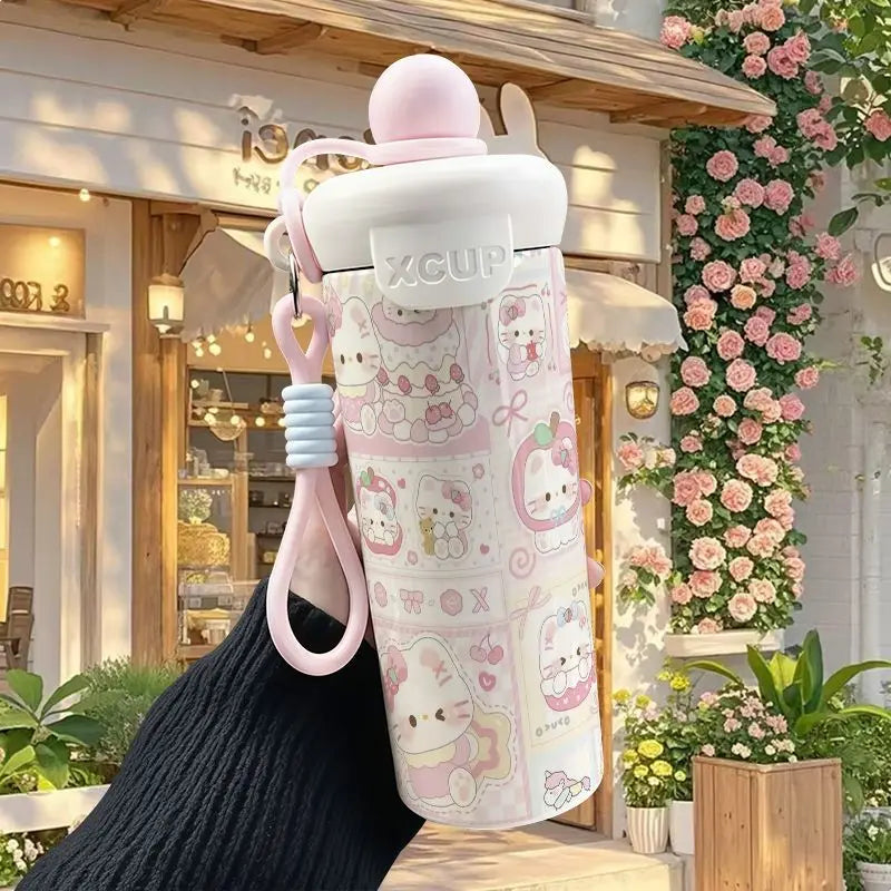 600ml Sanrio Hello Kitty Vacuum Thermos Cup SS316 Insulated Coffee Mug with Lifting Rope Portable Outdoor Drinking Water Kettle