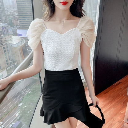 Summer Mesh Spliced Women Puff Sleeve Square Neck T Shirts Lady French Fashion Elegant Sweet Slim Fit Clothing Tops Black White