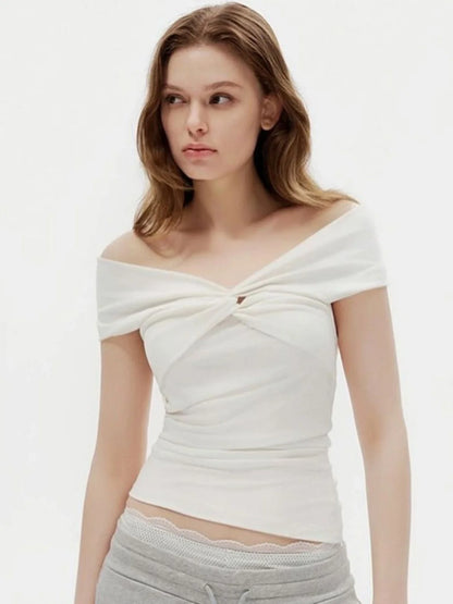 Faionable Pure Color Knot Fold over One oulder ort Crop Top T-irt Street Sle Slim Fit Polyester Summer New Arrival