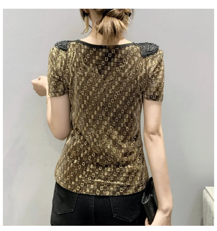 Sexy Hollow out V-Ne Rhinestone ort Sve T-irt Women Summer New Lace Me Top Trendy Anti-Aging Versatile Small irt