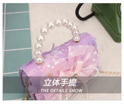 Cute Sequin Bow Kids Mini Square Shoulder Bags Versatile Children Chain Crossbody Bag Lace Girls Pearl Handbags Clutch Purse