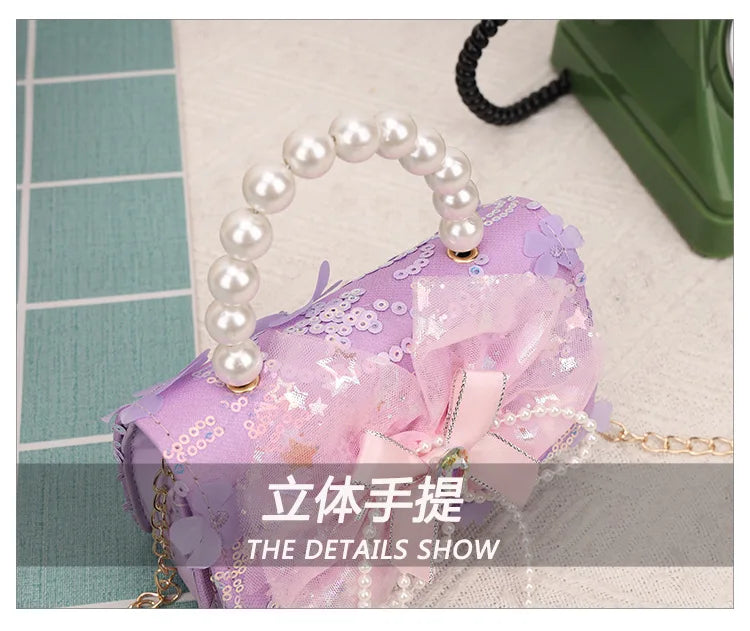 Cute Sequin Bow Kids Mini Square Shoulder Bags Versatile Children Chain Crossbody Bag Lace Girls Pearl Handbags Clutch Purse (Available)