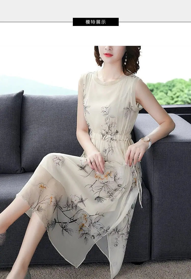 Summer New Elegant Fashion Printing Tank Dress Ladies Sleeveless Holiday Casual Robe Women Drawstring Waist A-line Midi Vestidos